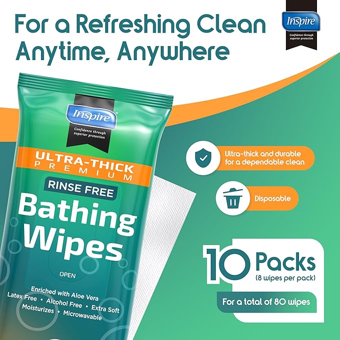 Inspire Ultra Thick Rinse-Free Bath Towels | Shower Towels - Flush-Free Wet Wipes with Aloe | Thick Strong Extra Large Towel for Adults | Body Wipes for Adults Bathing No Rinse