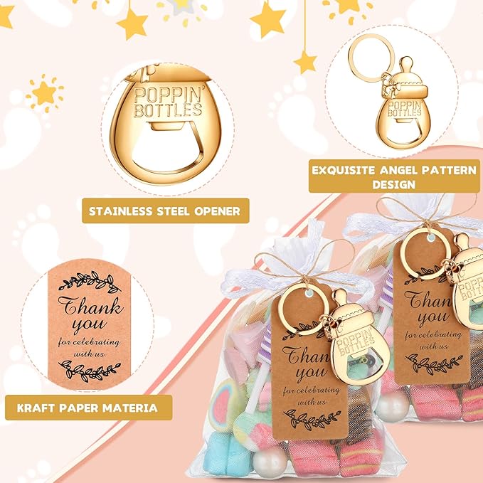 CHENGU Popping Bottle Openers Baby Shower Return Favors for Guests Bottle Opener Decorations and Souvenirs with Organza Bags Thank You Tags for Theme Party Favors (Key Chain Style,73 Pieces)