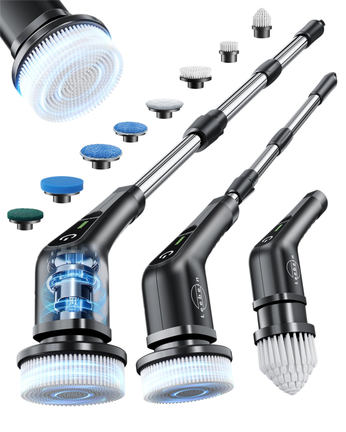 Leebein Electric Spin Scrubber, Cordless Cleaning Brush with 8 Replaceable Brush Heads, Tub and Floor Tile Power Scrubber Dual Speed with Adjustable & Detachable Handle for Bathroom Tub (All Black)