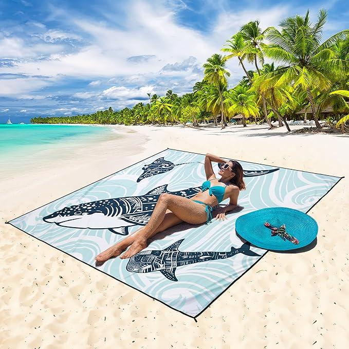 WIWIGO Beach Blanket Waterproof Sandproof Beach Mat 79" X 83"/10'x9'for 2-8 Adults Quick Drying Outdoor Picnic Mat Beach Accessories for Travel, Camping, Hiking