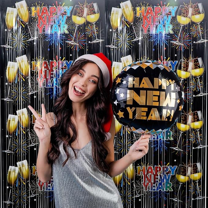 GOER Foil Curtain Backdrop for New Year Eve Party Decorations| Metallic Tinsel New Year Theme Photo Booth Props (1 Pack)