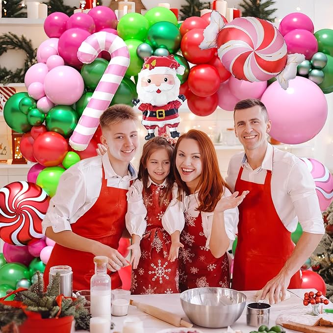 FunHot Christmas Balloon Arch Kit, Xmas Fruit Green Pink Balloon Garland, Hot Pink Red Metallic Green Latex Balloons with Candy Cane Santa Claus Windmill Foil Balloons for Christmas Party Decorations