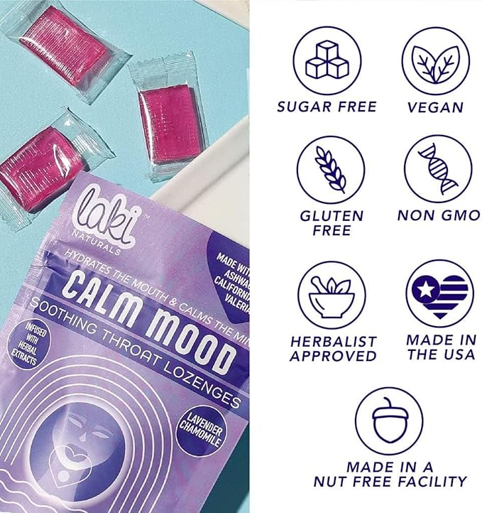 Laki Naturals Lavender Chamomile Calm Mood Functional Herbal Lozenges (14ct) Throat & Calming Hard Candies with Magnesium, Ashwagandha, California Poppy & Valerian. Vegan, Sugar Free, Gluten Free
