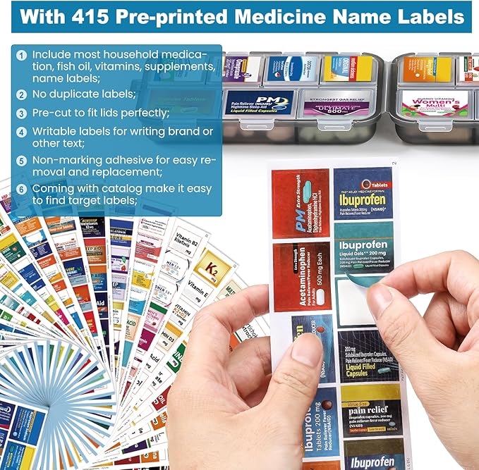 14 Grids Travel Pill Organizer Box with 415-Pcs Medicine Name Labels - Pocket Daily Pharmacy Case Container Kit - Travel Medication Holder Dispenser for Fish Oil Vitamin Supplement Storage -Clear Grey
