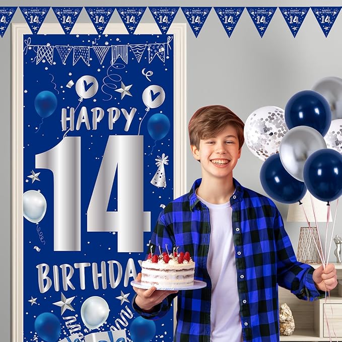 14th Birthday Decorations for Boys Girls, Blue Silver Happy 14th Birthday Party Decorations Supplies - Happy 14 Birthday Backdrop Banner Tablecloth Triangle Flag Balloons for 14 Year Old Bday Party