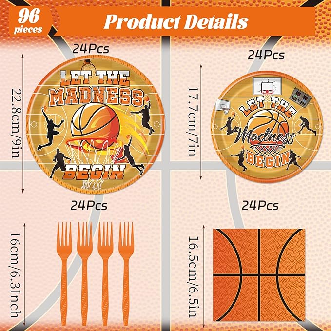 Rakuto March Basketball Party Decorations Tableware, 96PCS Let the Madnes Begin Disposable Paper Plates Napkins Decoration, Ball Sports Theme Birthday Forks Decor for Kids Boys Supplies Serve 24
