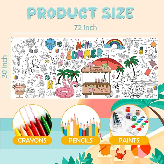 Summer Giant Coloring Poster/Tablecloth - Summer Toys - 30 x 72 Inches Jumbo Paper Coloring Banner - Kids Crafts Activities Gifts Games Ice Cream Party Favors Birthday Decorations - Travel Essential