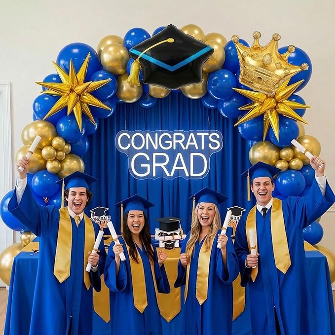 Royal Blue and Gold Graduation Balloon Garland Arch Kit 105 PCS with foil star crown graduation cap balloons for School students graduate class of 2025 Prom Party Decorations (Royal Blue Gold)