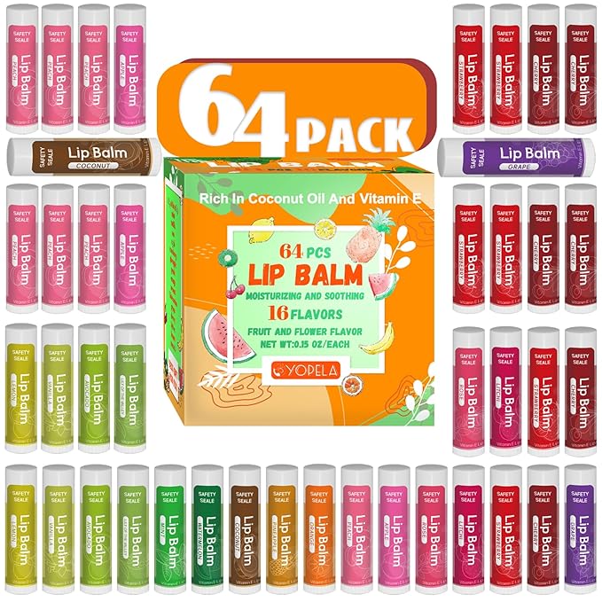 64 Pack Natural Lip Balm Bulk with Vitamin E and Coconut Oil - Moisturizing Dry Cracked Lips, Mini Chap Stick Gifts for Kids Women Men- 16 Flavors - Non-GMO