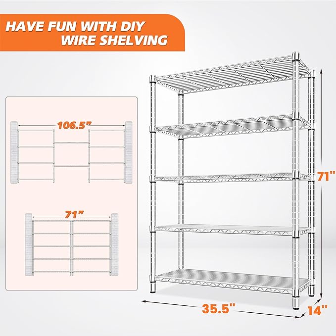 REIBII 5 Tier Metal Shelving Storage Shelves,71''H Adjustable Garage Shelving Unit and Storage,Wire Shelves Pantry Shelves for Kitchen Restaurant Warehouse Office,71H X 35.5W X 14D,Chrome