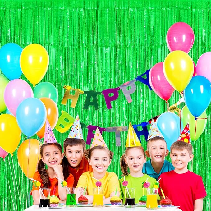 Green Tinsel Foil Fringe Curtain Backdrop, 3.3 x 8.2 ft Metallic Glitter Curtain Streamers, 2 Pack Green Photoboth for Birthday St Patrick's Day Christmas Party Decorations