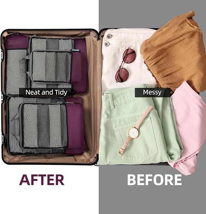 BAGAIL 4 Set/6 Set/8 Set Compression Packing Cubes Travel Accessories Expandable Packing Organizers (Half Mesh, 6-Burgundy)