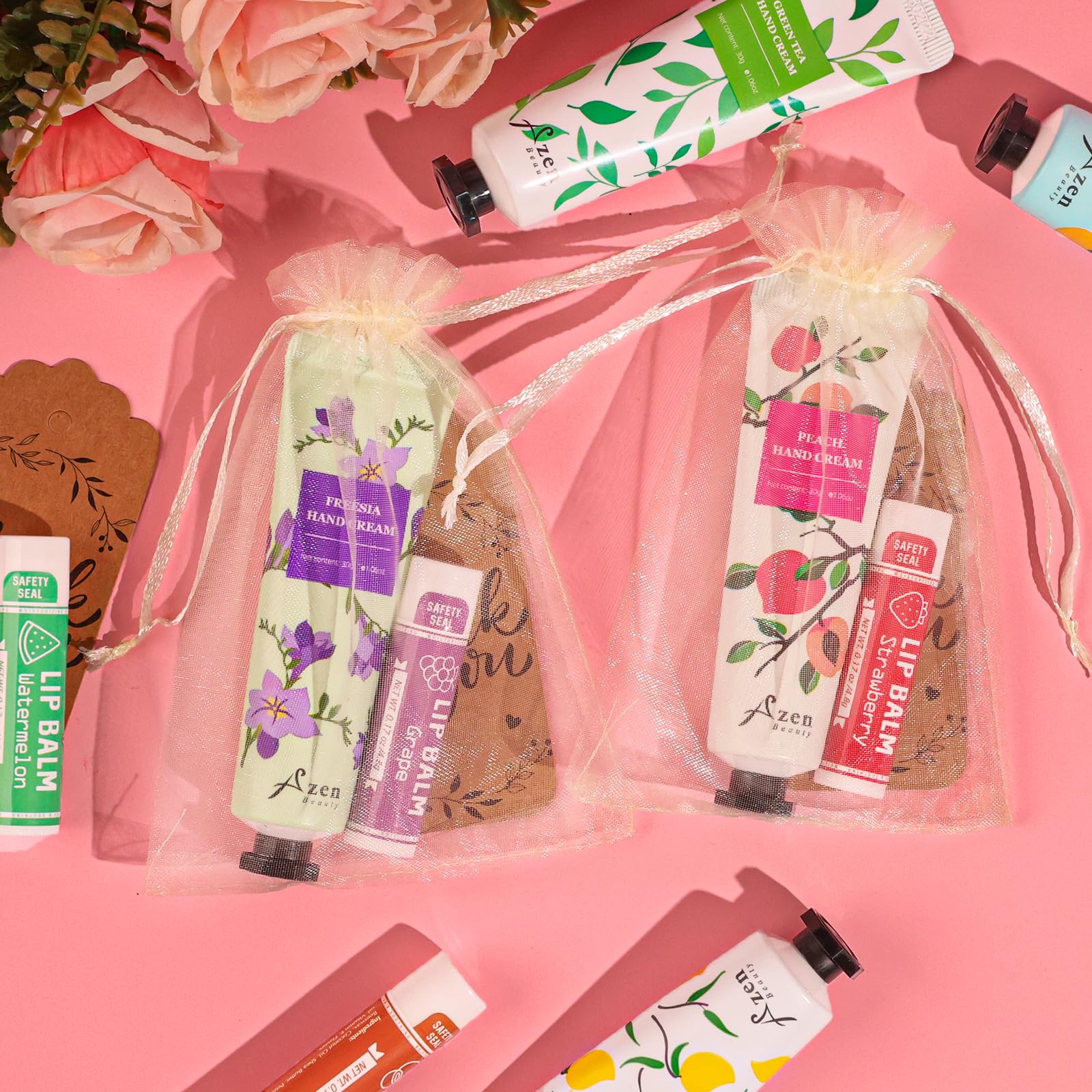 AZEN 30 Sets Bulk Gifts, Hand Cream and Lip Balm Bulk Set with Organza Bag Thank You Card, Baby Shower Wedding Gifts for Guests, Bridal Wedding Favors