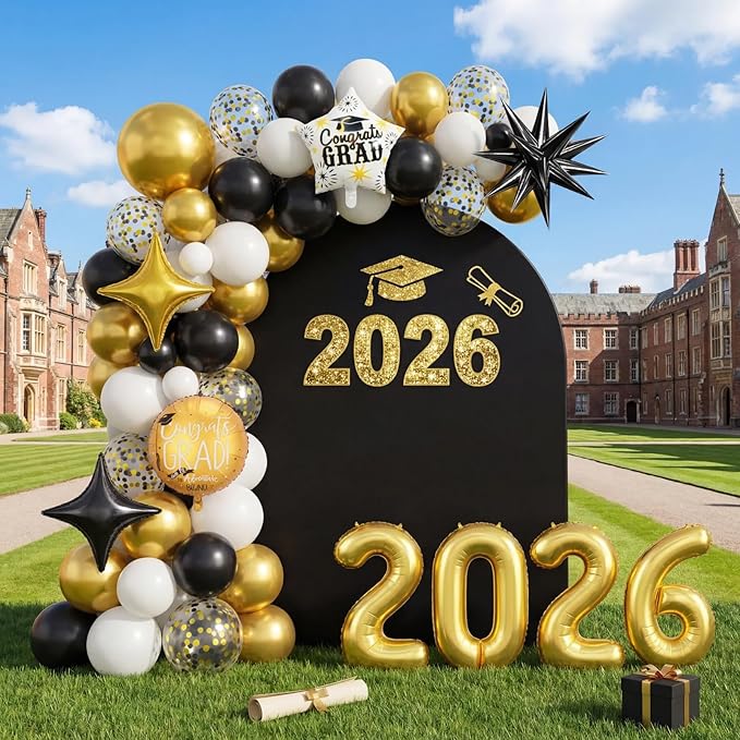 Gold and Black Graduation Balloon Arch Kit 2026, Gold Number 2026 Balloons confetti with Explosion Star Round Congrats Grad Foil Balloon for College High School Class of 2026 Graduation Decorations