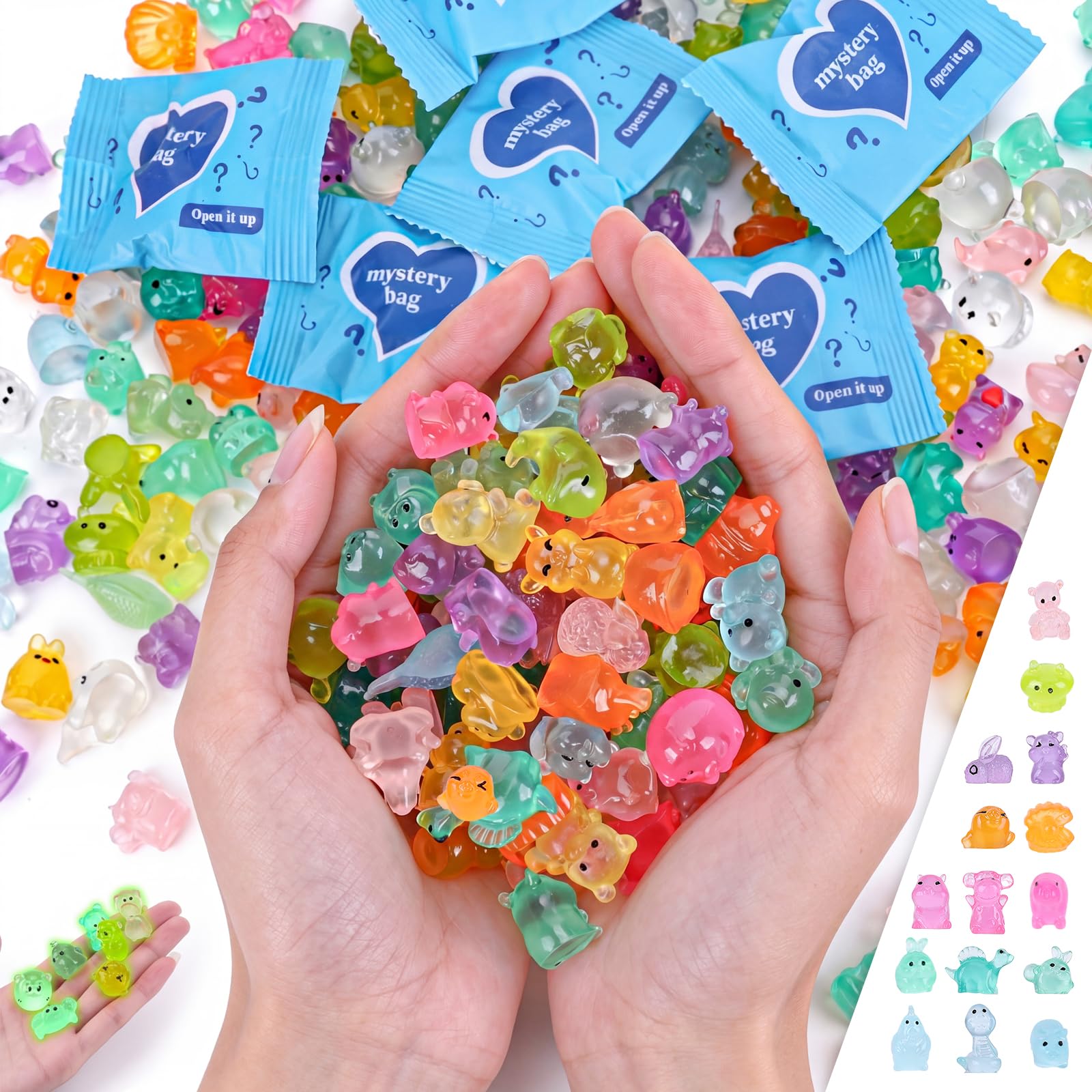 TfruKiet 270 pcs Mini Glow in The Dark Animal Resin Models, Resin Animals Mystery Bags, Individually Wrapped Blind Bags Tiny Animal Figurines, Collectible Mini Animals for Fairy Garden, DIY Crafts