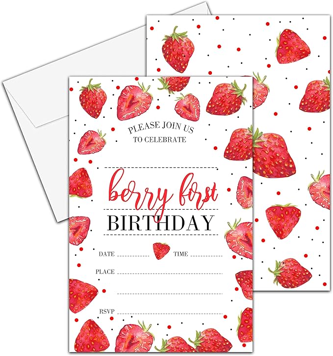 Strawberry Birthday Invitations, 20 Pcs - 4x6 inches with Envelopes - Perfect for Baby Girl 1st Birthday Party Decorations