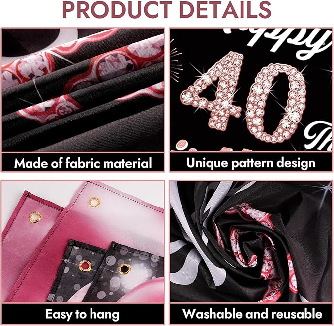 40th Birthday Decorations for Women - Happy 40th Birthday Banner Decorations Cheers to 40 Years Birthday Party Indoor and Outdoor Decoration Suppiles Pink Backdrop for 40th Birthday Party Favors Decor