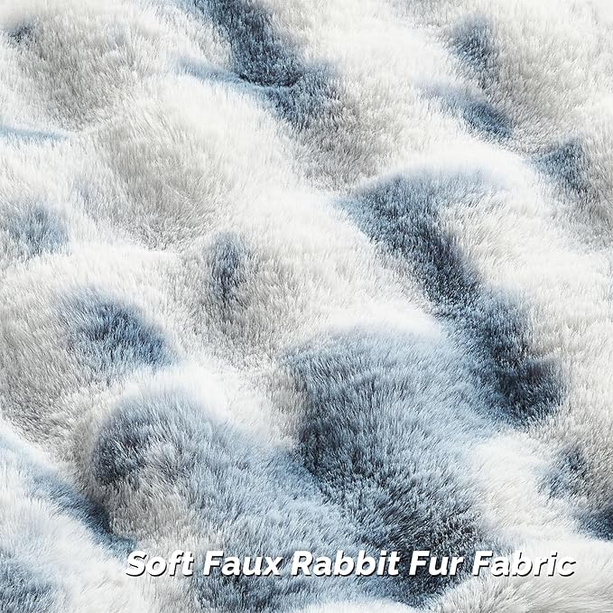 FUTEI Blue White Decorative Throw Pillow Covers 18x18 Inch Set of 2,Soft Fuzzy Faux Rabbit Fur Cushion Covers with Raised Texture,Neutral Boho Home Decor for Couch Bed Living Room