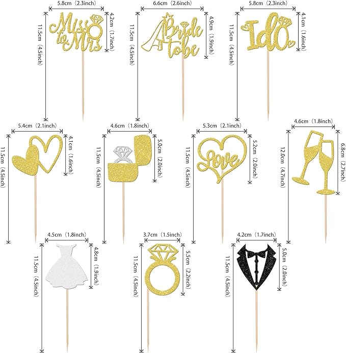 30 PCS Bride to Be Cupcake Toppers Glitter Wedding Cupcake Toppers I Do Love Heart Ring Miss to Mrs Cupcake Picks for Bridal Shower Wedding Engagement Party Cake Decorations Supplies Gold