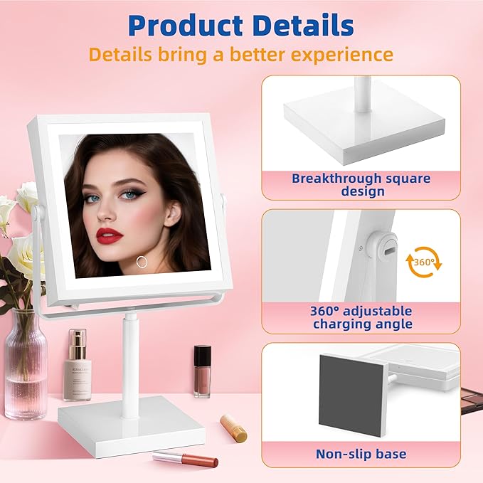 Ruacq Rechargeable Makeup Mirror, 4000mAh Lighted Makeup Mirror with Magnification 1X/10X, Height Adjustable Vanity Mirror with Lights, 3 Color Lights, Adjustable Brightness, 360°Rotation (White)