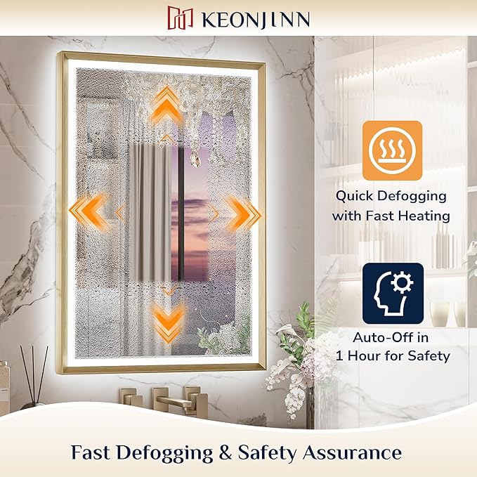 Keonjinn Gold LED Bathroom Mirror 48 x 30 Inch, Frontlit & Backlit Mirror with Metal Framed,Vanity Mirror with Stepless 3 Colors Lights, Anti Fog, UL-Listed LED Driver, HD Tempered Glass