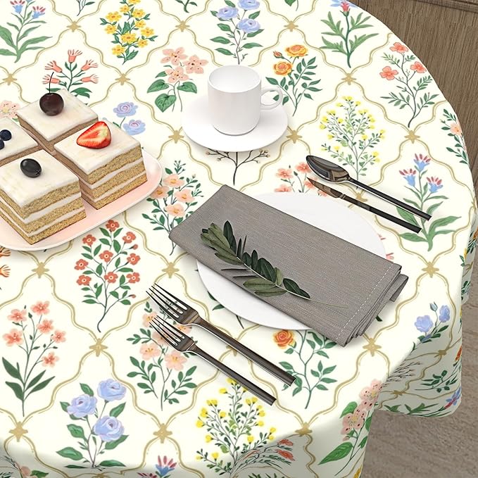 Spring Floral Round Tablecloth Wildflower Circle Table Cloth 60 Inch Beige Vintage Rustic Farmhouse Table Cover Washable Polyester Indoor for Home Kitchen Dinning Party Decor