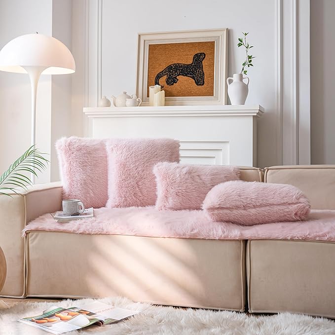 Neelvin Pink Faux Fur Cozy Fluffy Double-Sided Decorative Throw Pillow Covers 16x16 inch Set of 2,Velvet Pillowcase Cushion Case for Sofa Couch