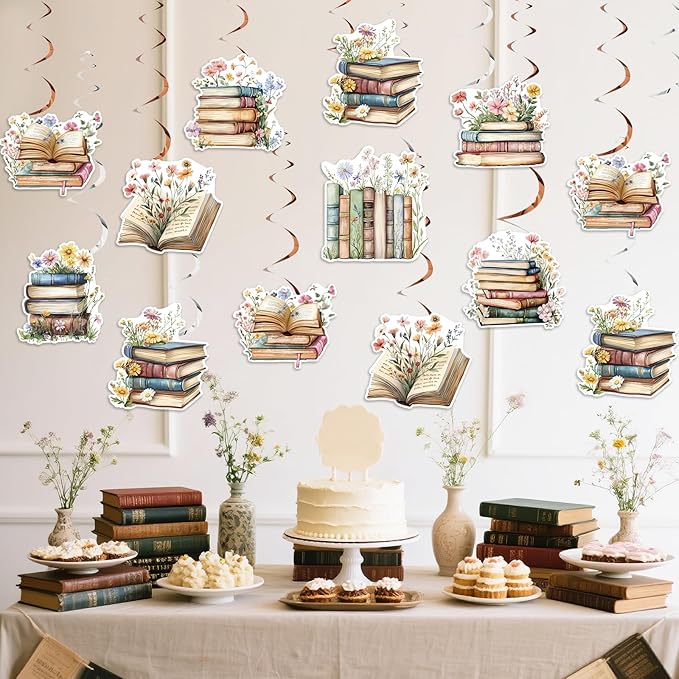 Book Party Decorations Book Hanging Swirls Garland Ceiling Streamers 24pcs for Girls Women Storybook Flowers Birthday Baby Shower Hanging Decors First Chapter Reading Library Books Club Party Supplies