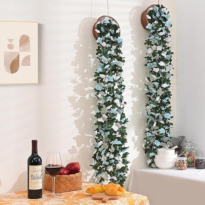 MARTINE MALL Flower Garland - 8 Strands 66Ft Rose Vines for Bedroom, Blue and White Rose Floral Garland for Room Birthday Wedding Party Garden Wall Decor