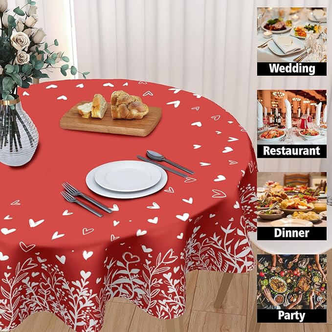 Valentine's Day Round Tablecloth 70 Inch Red Heart Pattern Circle Table Cloth Spring Holiday Table Cover Washable Polyester Decorations for Home Kitchen Dinning Party