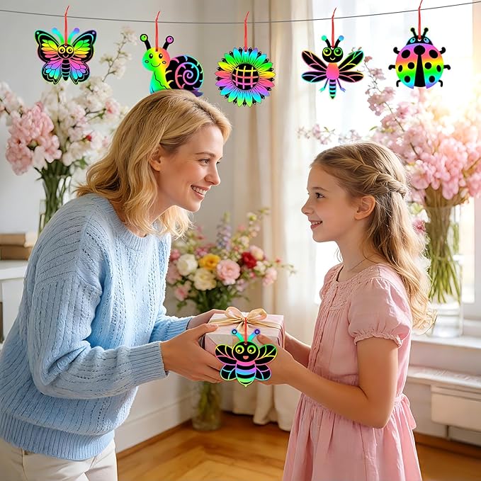JULMELON 36 Pcs Spring Bugs Scratch Cards, Flower Rainbow Magic Color Art Crafts Kit with 12 Bamboo Stylus and 36 Ribbon for Kids School Classroom DIY Spring Crafts Art Project