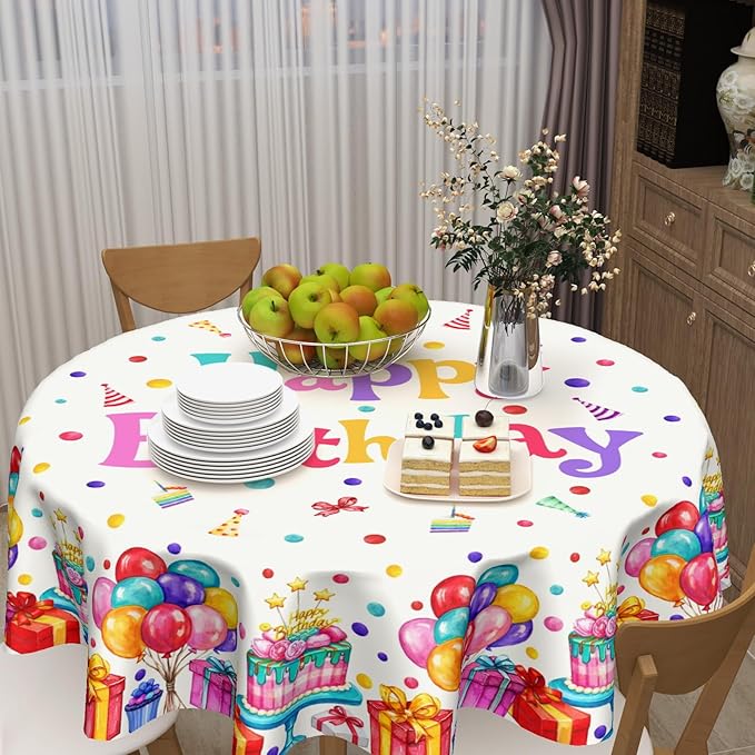 Happy Birthday Round Tablecloth 60 Inch Colorful Gift Birthday Hat Pattern Circle Table Cloth Holiday Table Cover Washable Polyester Decorations for Home Kitchen Dinning Party