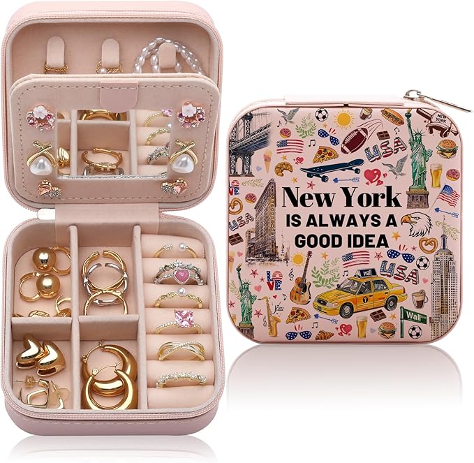 New York Travel Souvenirs Gift Jewelry Box, Welcome to New York City Themed Gifts for Traveller Women Friends, I Love NYC Travel Trip Favors Jewelry Case Organizer