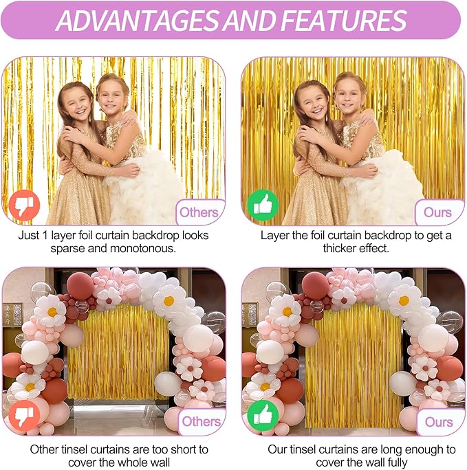 Crosize 2 Pack 3.3 x 9.9 ft Gold Foil Fringe Curtains Party Decorations, Gold Tinsel Curtain Backdrop for Parties, Streamer Fringe Backdrop for Bachelorette Valentines Day Party Birthday Decoration