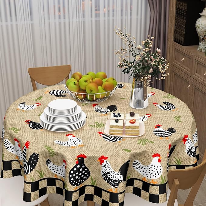 Rooster Round Tablecloth 60 Inch Chicken Farmhouse Circle Table Cloth Rustic Vintage Table Cover Washable Polyester Decorations for Holiday Home Kitchen Dinning Party