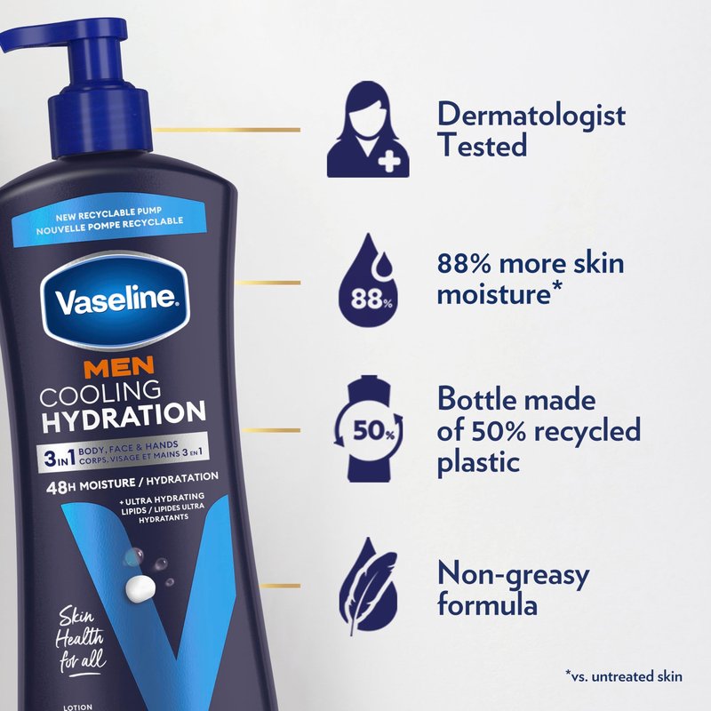 Vaseline Men Cooling Hydration 3-in-1 4 Pack for Dry Skin Face, Hands & Body Lotion for Men with Menthol & Ultra-Hydrating Lipids 20.3 oz