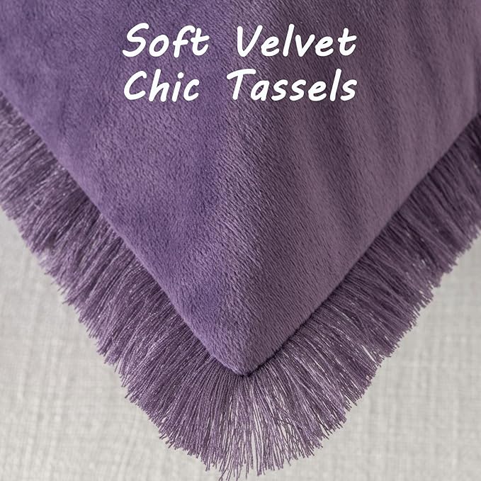 FUTEI Eggplant Purple Velvet Decorative Throw Pillow Covers 22x22 Set of 2,Soft Cozy Edge with Tassels Cushion Case,Boho Modern Home Decor for Couch Bed Living Room