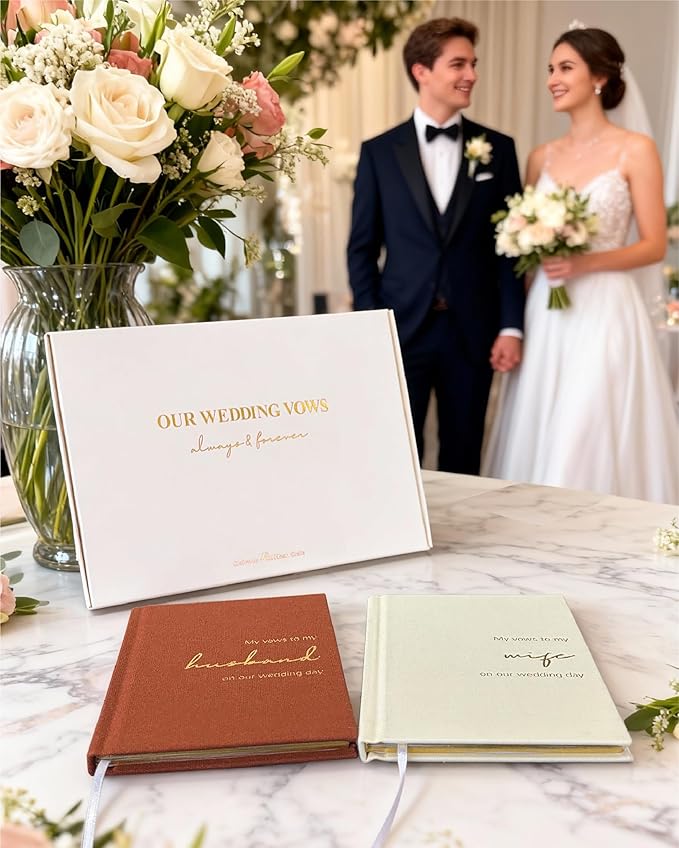 Wedding Vow Books His and Hers-Canvas Linen Foil Embossed, Set of 2 Vow Books Husband and Wife-Wedding Essentials（Terracotta + Milk White）