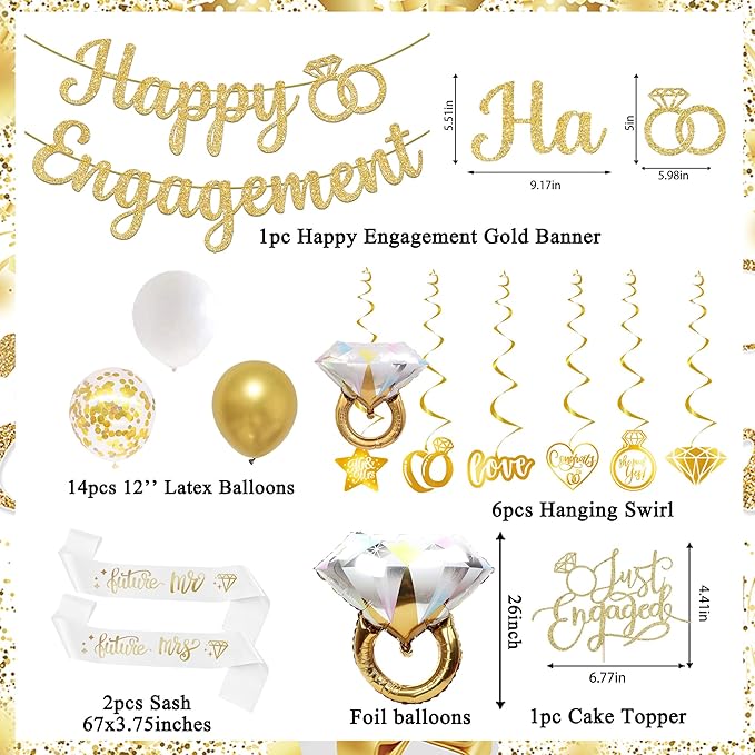 Vlipoeasn Gold Engagement Party Decorations for Couple, Just Engaged Backdrop Banner, Cake Topper, Honeycomb, Hanging Swirls