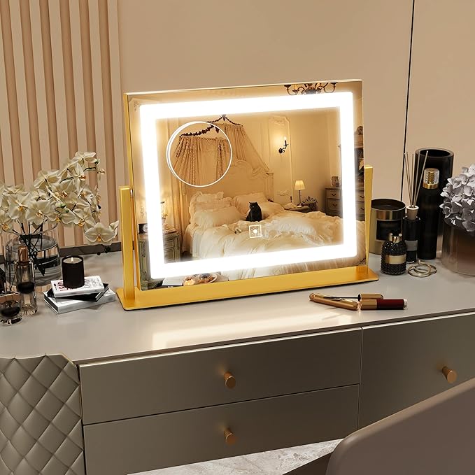 Gold Vanity Mirror with Lights 14x11 Inch, Lighted Makeup Mirror, Smart Touch 3 Colors Dimmable, 10X Magnification, Dresser Mount, Modern Style