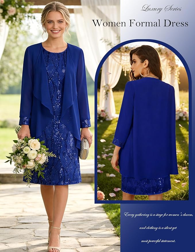 GRACE KARIN Women's Sequin Dress - Wedding Guest & Mother of The Bride Formal Dress - Two Piece Knee Length