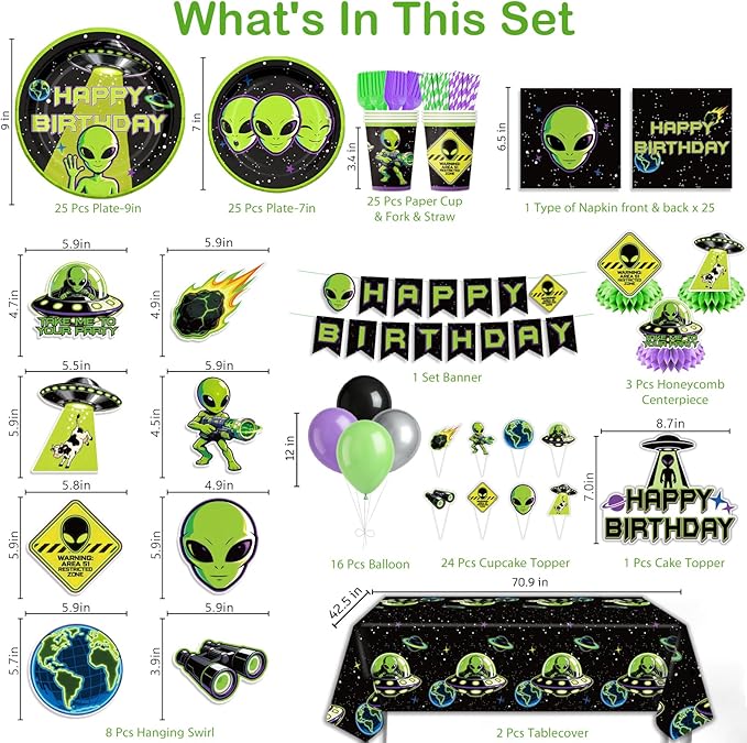 220 Pcs Alien Birthday Party Decorations Tableware Set - Service 25 Guests - Includes Banner, Cake Topper, Balloons, Plates And Napkins Paper Cup - For UFO Theme Party