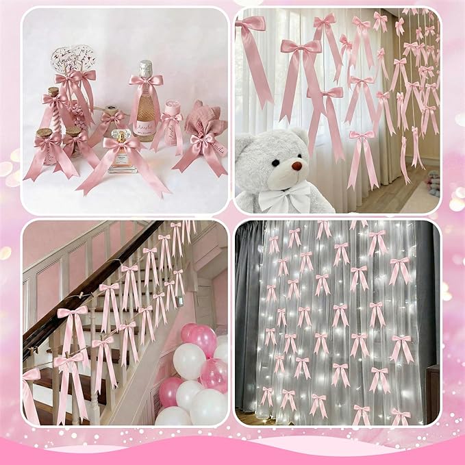 2 Strings Pink Bow Garland Banner Decorations, 16Pcs Pre-Strung Satin Ribbon with 6.7ft Chain for Girl Pink Ribbon Bow Banner Coquette Room Birthday Baby Bridal Shower Wedding Bachelorette Party Decor