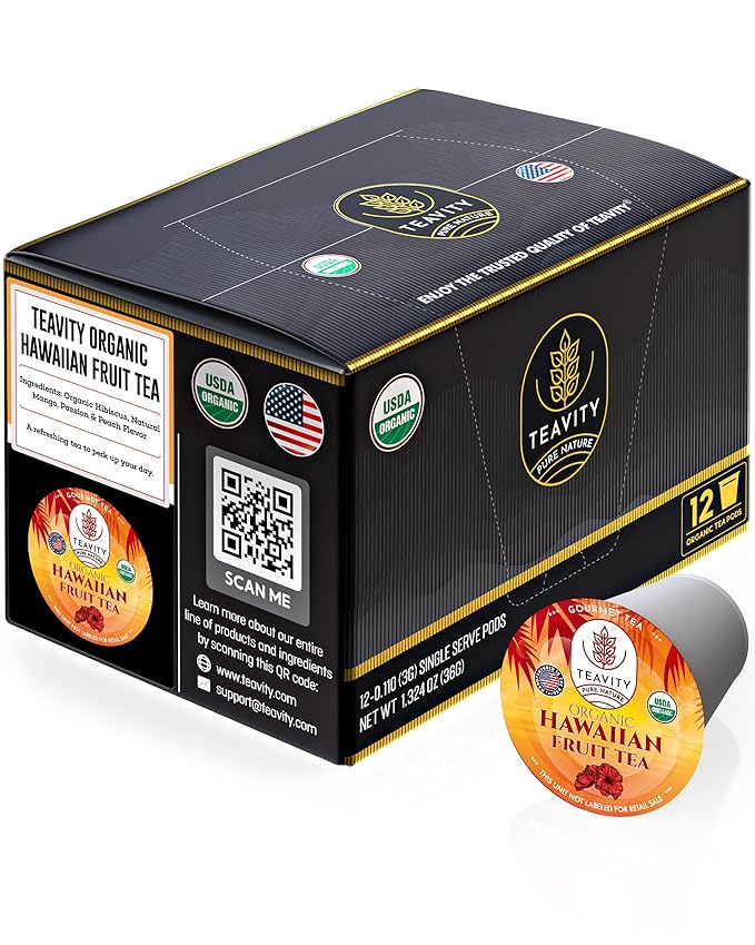 Organic Hibiscus Teapods with Peach, Mango, & Passionfruit - Naturally Decaffeinated Hawaiian Fruit Tea by Teavity (12 Tea Pods)