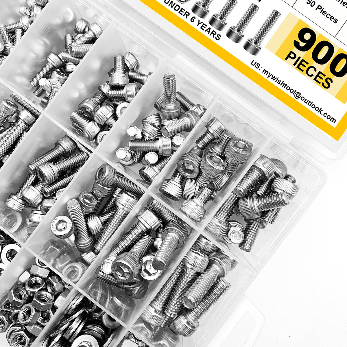 Mywish 900Pcs M3 M4 M5 M6 Metric Screw Assortment, 304 Stainless Steel Nuts and Bolts, Hex Socket Head Cap Metric Bolts/Nuts/Flat Washers Kit Anti Rust 16 Sizes 8mm to 20mm, Hex Wrenches
