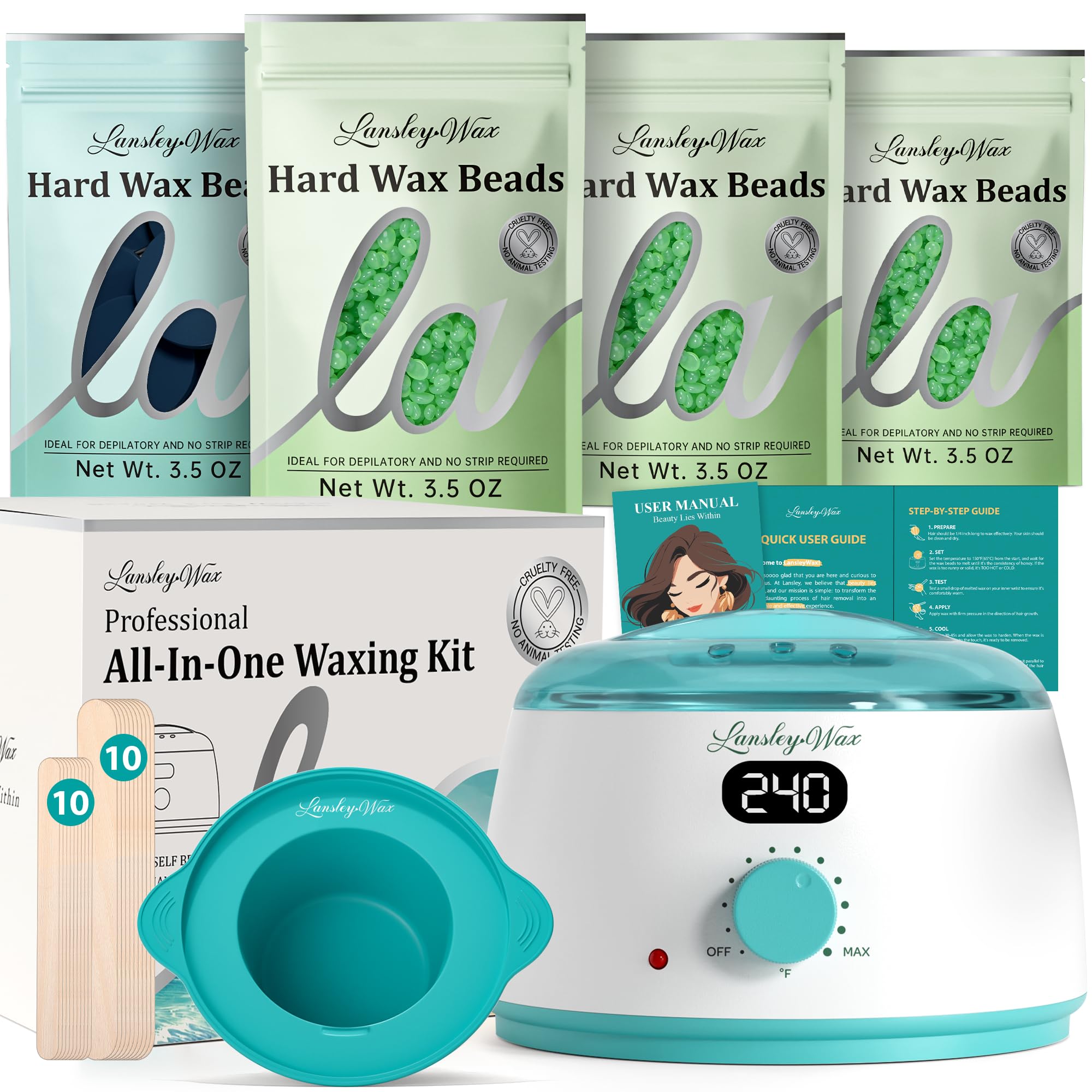 LANSLEYWAX Digital Waxing Kit for Women Men - Green Waxing Machine with 39 Accessories - Hard Wax Kit for Arms Legs Brazilian Bikini Facial Sensitive Skin, Wax Warmer Hair Removal for Home/Salon Use