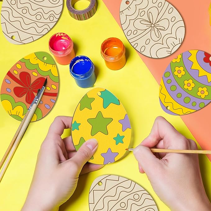 36PCS Wooden Easter Ornaments to Paint, 6 Styles DIY Blank Unfinished Wood Egg Cutouts Ornament for Crafts Hanging Decorations, Egg Rabbit Bunny Butterfly Flower Happy Easter