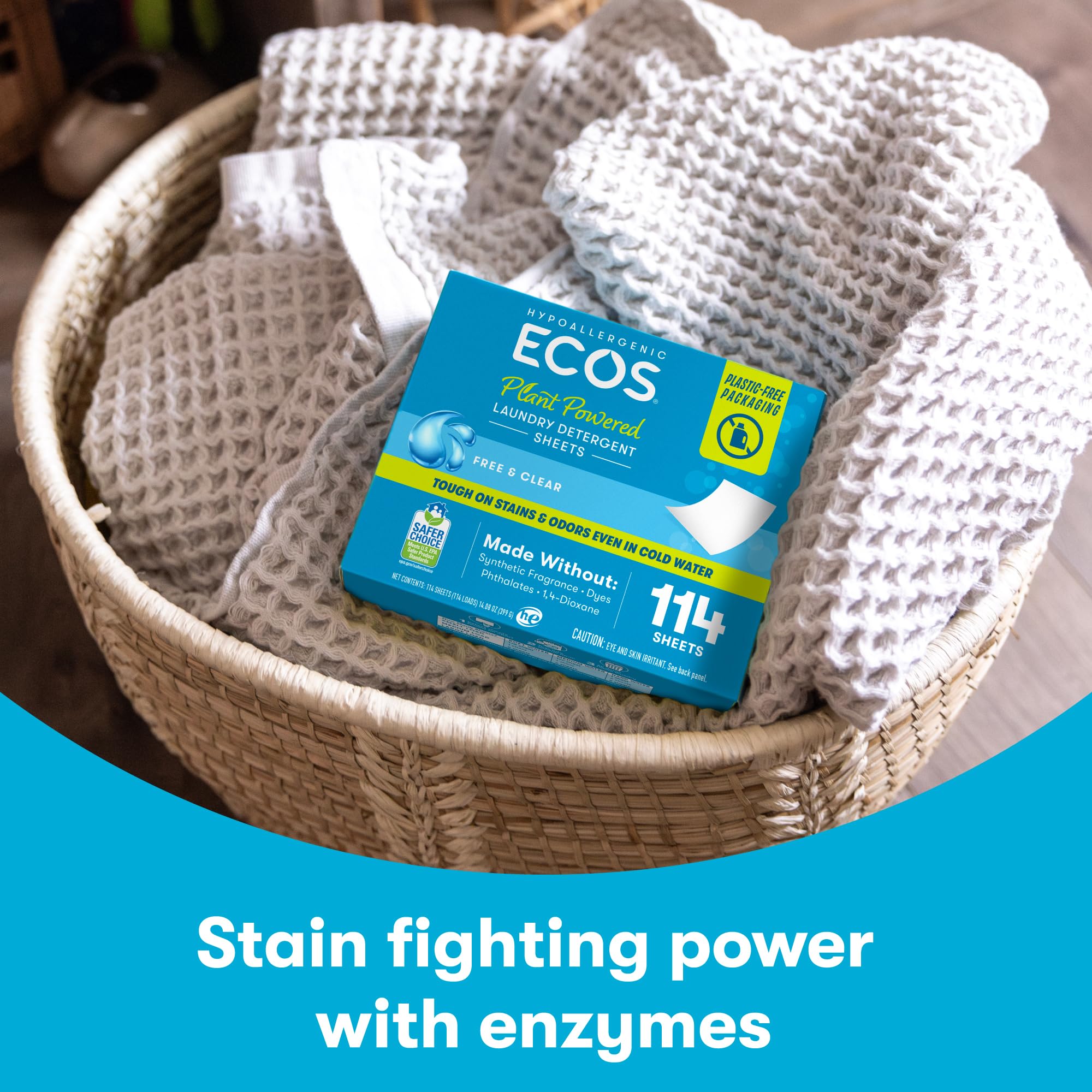 ECOS Laundry Detergent Sheets Vegan, No Plastic Jug, No Mess & Liquid Free - Hypoallergenic, Plant Powered Laundry Detergent Sheet – Free and Clear - 114 Count (Pack of 1)