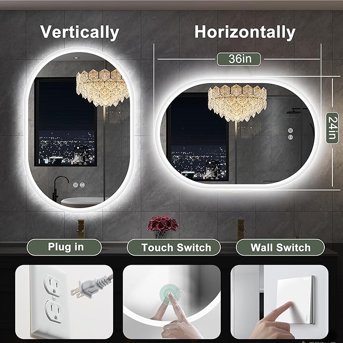 S'bagno 24x36 Inch Oval LED Mirror for Bathroom with Front and Backlight, Anti-Fog, 3 Colors Temperature & Dimmable, Bathroom Mirror with Lights with Memory Function, Waterproof, Shatter-Proof