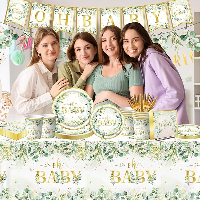 Sage Greenery Baby Shower Plates and Napkins Tableware Set Gender Neutral Baby Shower Decorations Oh Baby Plates and Cups and Napkins Sets Serves 24 for Baby Girl Boy Shower Decorations